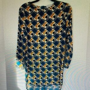 WAYF Long Sleeve Midi Tunic Dress Unlined Gold Turquoise Geometric Pattern